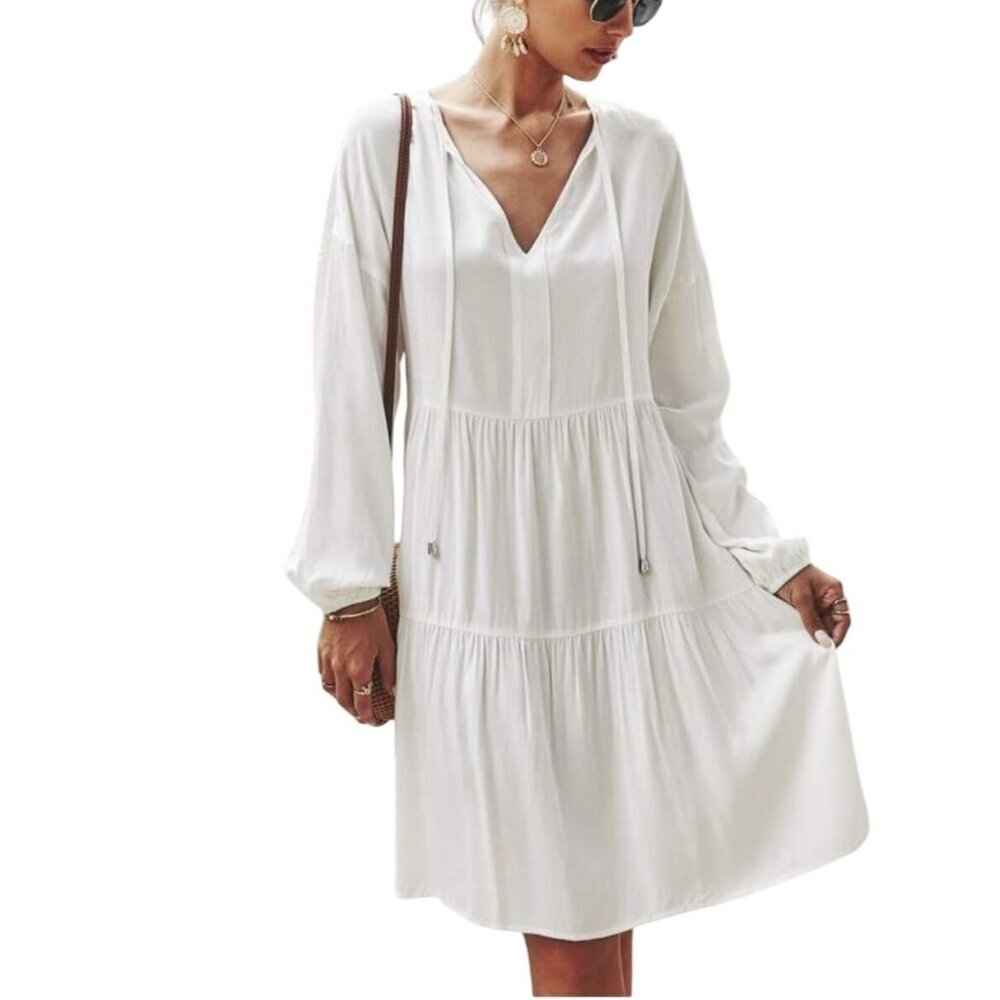 White Flowy Tiered Dress With girls Ruffle Hem & Long Sleeves Size 14